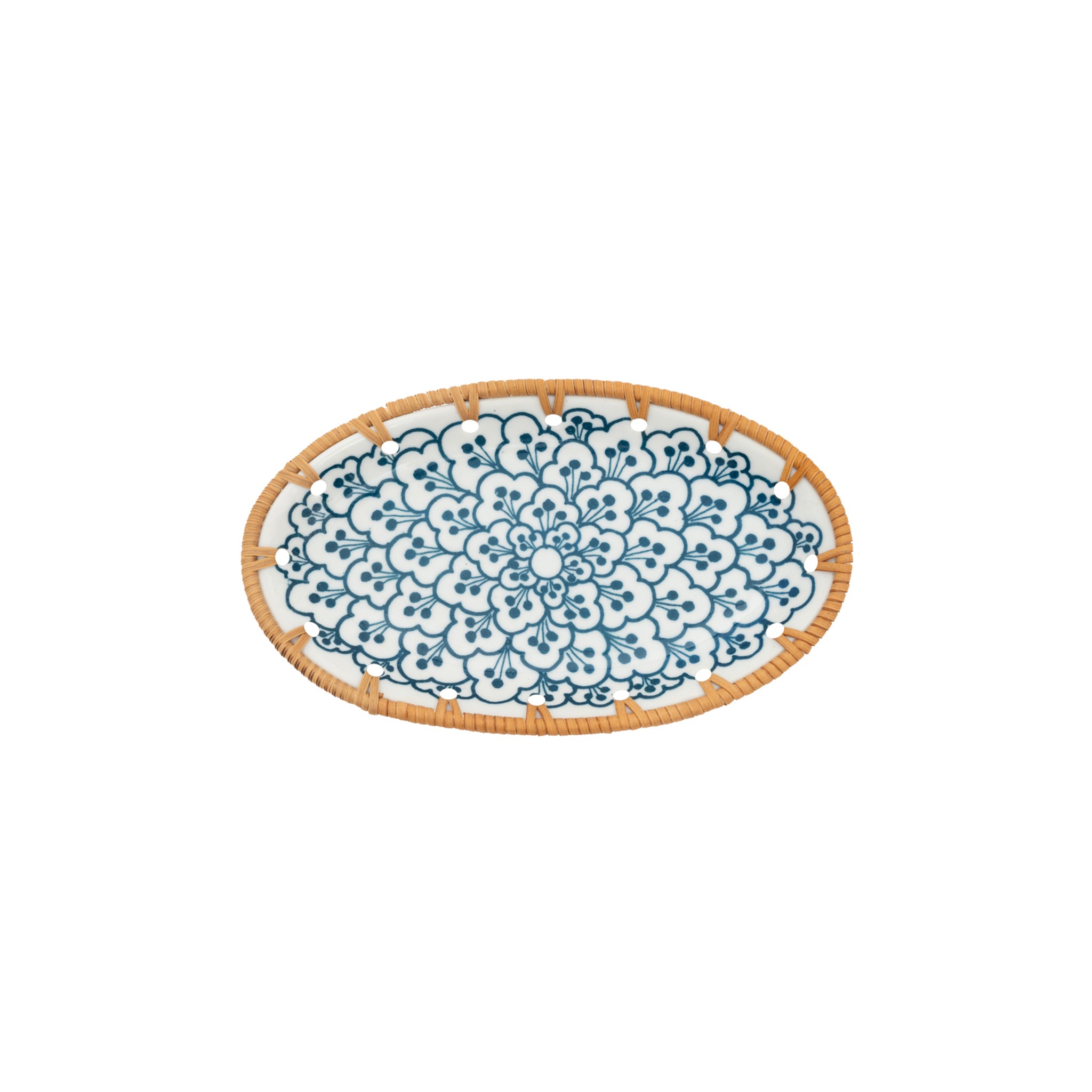 Hand-Painted Ceramic Plates with Rattan Edge (Set of 4)