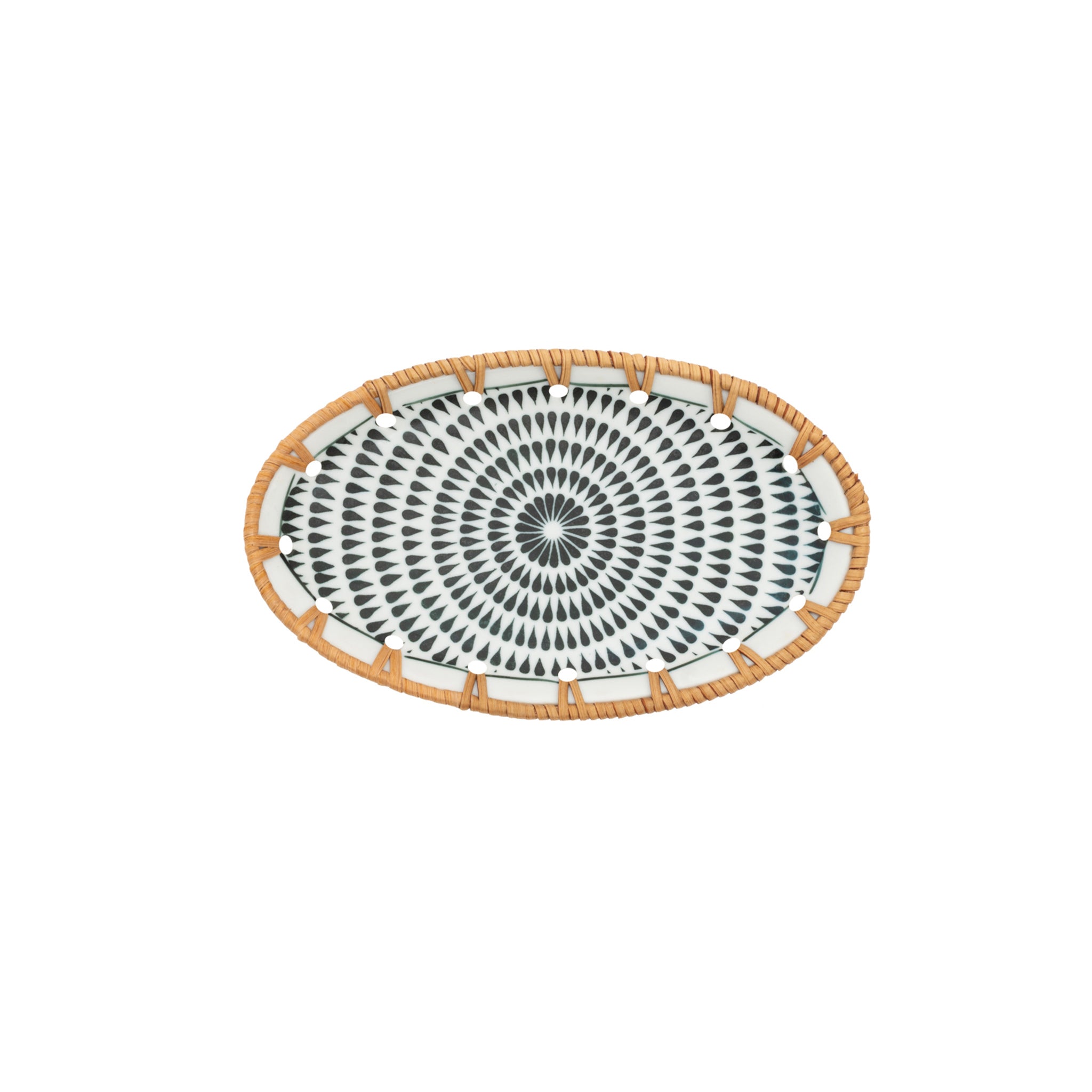 Hand-Painted Ceramic Plates with Rattan Edge (Set of 4)